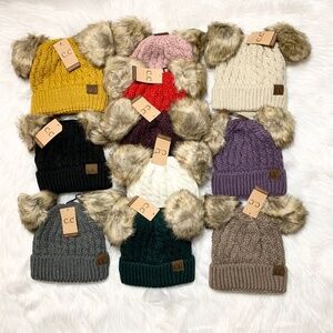C.C Beanies Double Faux Fur Pom Beanie for Adults, Winter Hats, Premium Cozy Hat